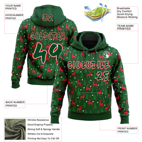 Custom  Green White-Fire Red Christmas Reindeer & Pine Forest Pullover Sweatshirt Hoodie