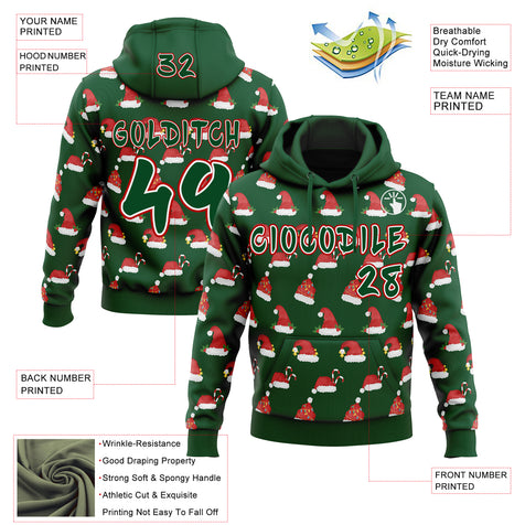 Custom  Green White-Red Christmas Santa Claus Hats Pullover Sweatshirt Hoodie