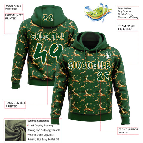 Custom  Green White-Old Gold Christmas Golden Reindeer & Snowflakes Pullover Sweatshirt Hoodie