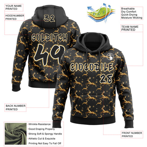 Custom  Black White-Old Gold Christmas Golden Reindeer & Snowflakes Pullover Sweatshirt Hoodie