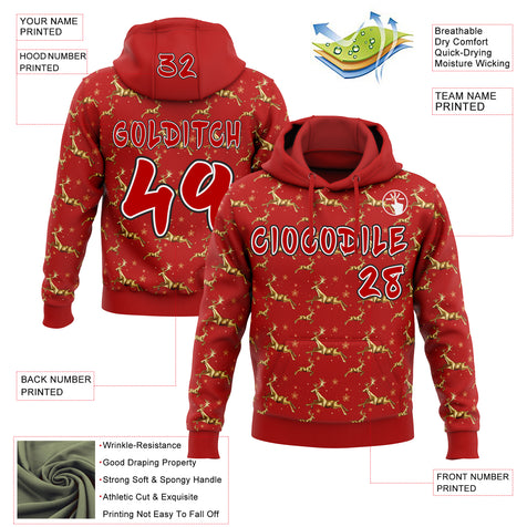 Custom  Red White-Black Christmas Golden Reindeer & Snowflakes Pullover Sweatshirt Hoodie