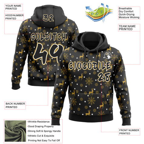 Custom  Black Old Gold-White Christmas Golden Reindeer & Snowflakes Pullover Sweatshirt Hoodie