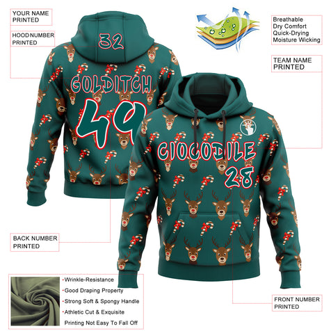 Custom  Midnight Green White-Fire Red Christmas Reindeer & Candy Cane Pullover Sweatshirt Hoodie