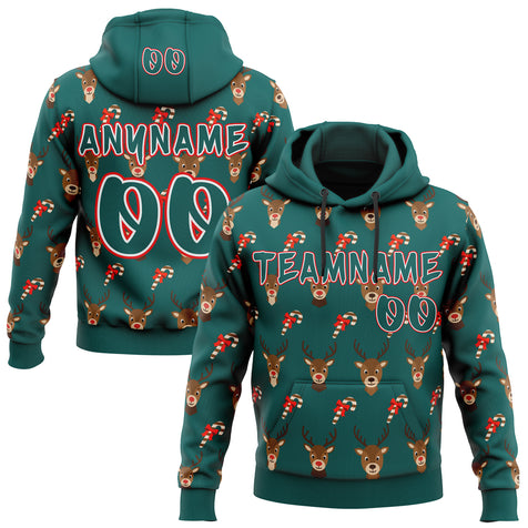 Custom  Midnight Green White-Fire Red Christmas Reindeer & Candy Cane Pullover Sweatshirt Hoodie