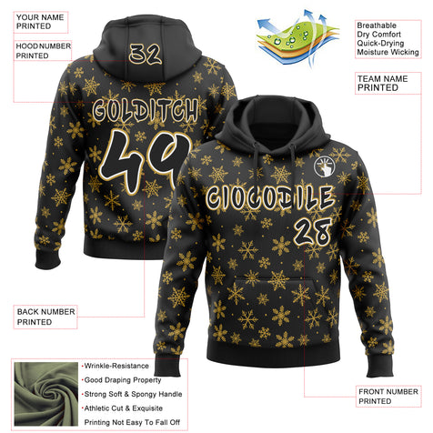 Custom  Black Old Gold-White Christmas Snowflakes Pullover Sweatshirt Hoodie