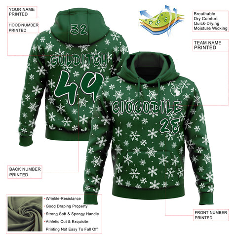 Custom  Green White-Black Christmas Snowflakes Pullover Sweatshirt Hoodie