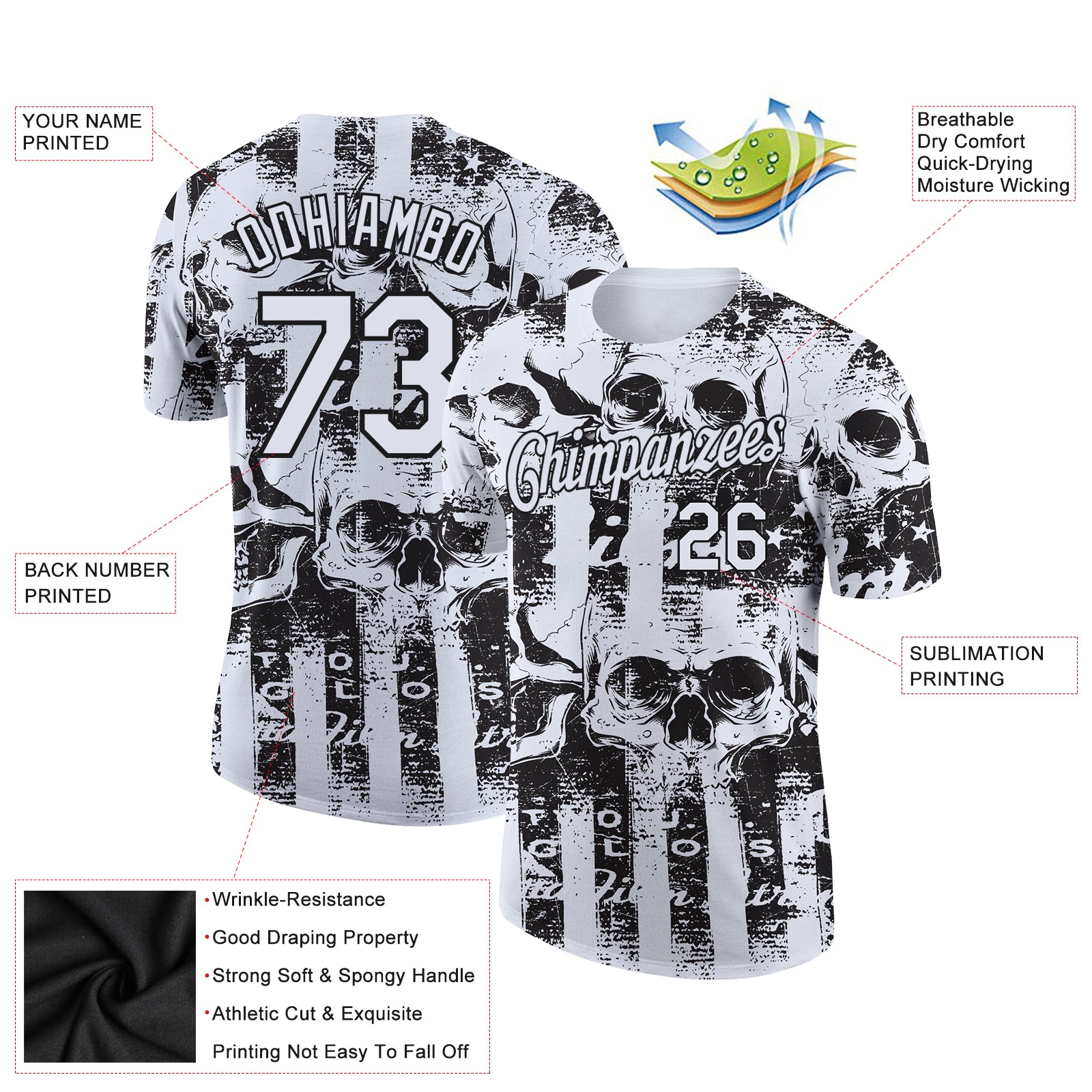 Custom White Black 3D Skull And American Flag Performance T-Shirt