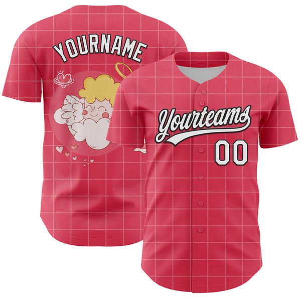 Custom Neon Pink White-Black 3D Love Heart Valentine's Day Authentic Baseball Jersey