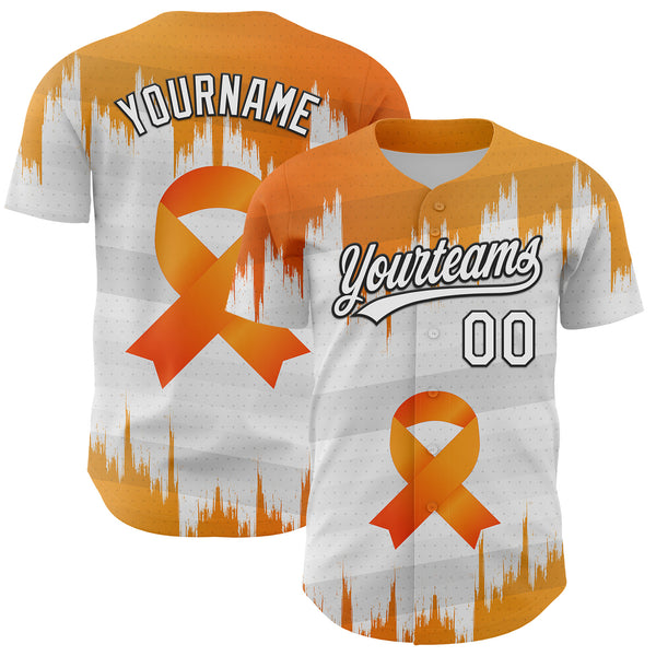 Custom White Orange-Black 3D Kidney Cancer Ribbon Authentic Baseball Jersey