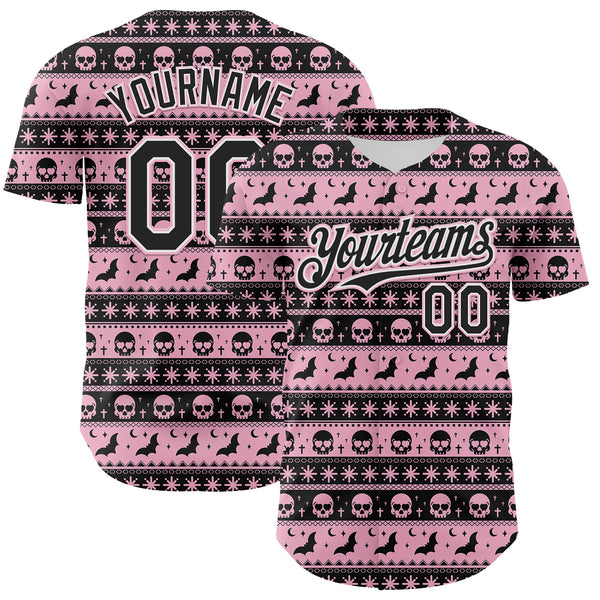 Custom Black Light Pink-White 3D Gothic Skull Authentic Baseball Jersey