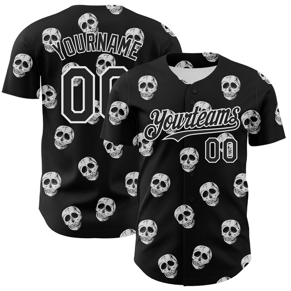 Custom Black White 3D Skull Authentic Baseball Jersey