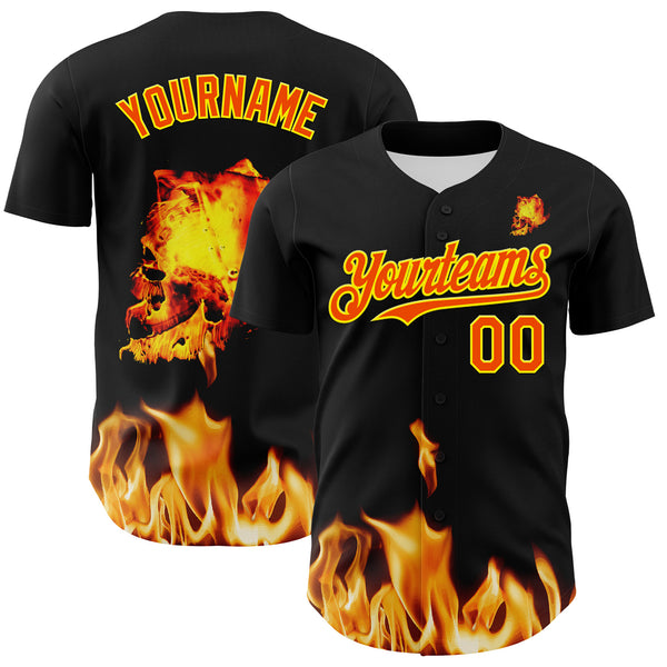 Custom Black Orange-Light Yellow 3D Flame? Skull Authentic Baseball Jersey