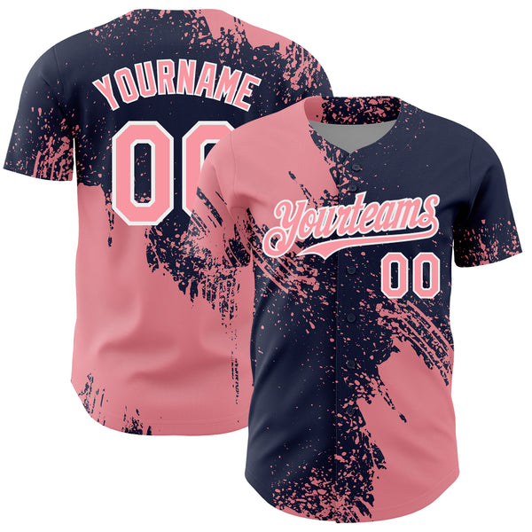 Custom Medium Pink Navy-White 3D Pattern Design Abstract Brush Stroke Authentic Baseball Jersey