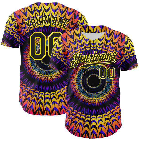 Custom Black Light Yellow 3D Pattern Design Rave Psychedelic Fractal Style Authentic Baseball Jersey