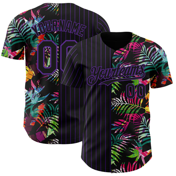 Custom Black Purple 3D Pattern Design Pinstripe Tropical Palm Leaves Authentic Baseball Jersey