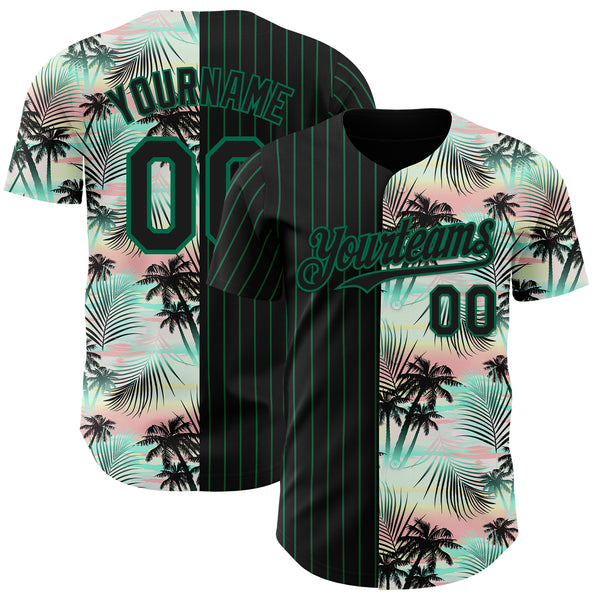 Custom Black Kelly Green 3D Pattern Design Pinstripe Tropical Palm Leaves Authentic Baseball Jersey