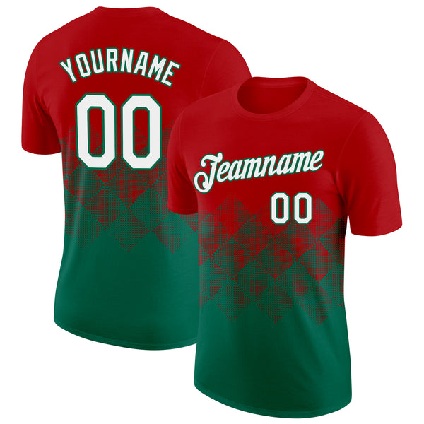 Custom Red White-Kelly Green 3D Pattern Design Gradient Square Shapes Performance T-Shirt