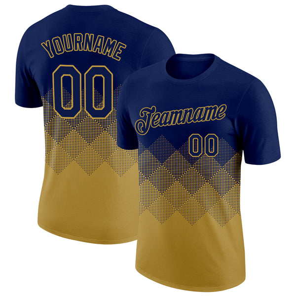 Custom Navy Old Gold 3D Pattern Design Gradient Square Shapes Performance T-Shirt