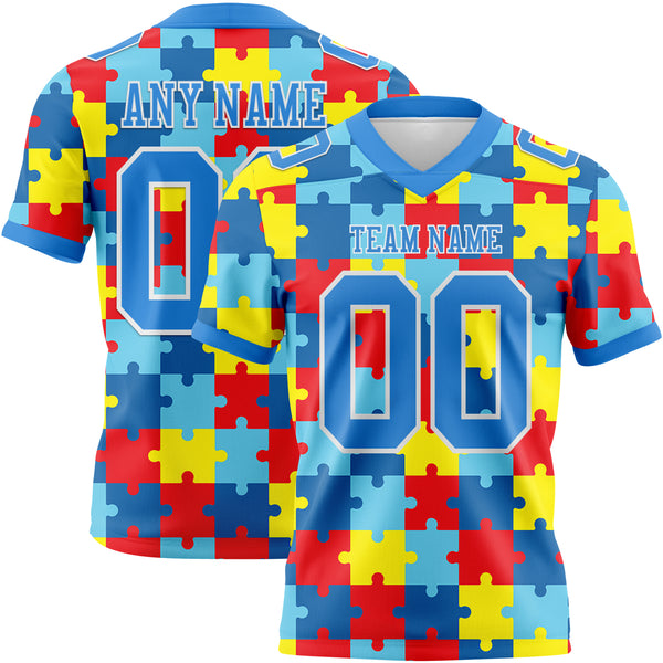 Custom Powder Blue White 3D Pattern Autism Awareness Puzzle Pieces Authentic Football Jersey