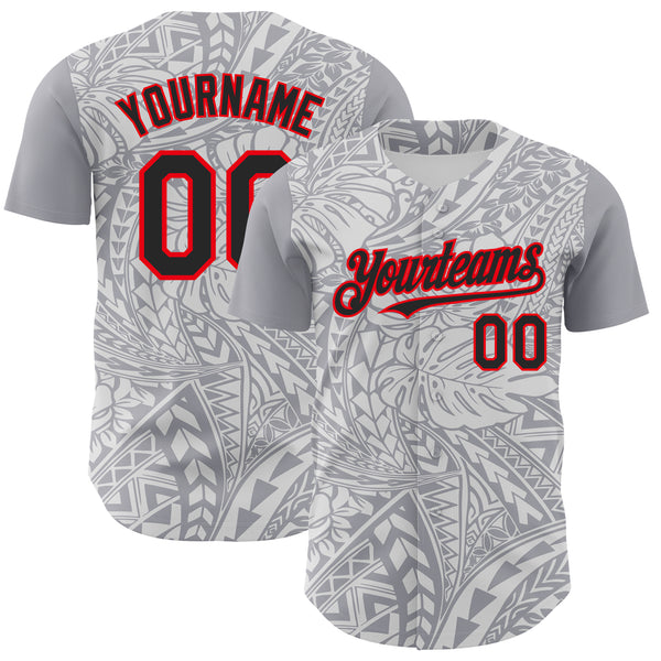 Custom Gray Black White-Fire Red 3D Polynesian Style Palm Leaves Islander Authentic Baseball Jersey