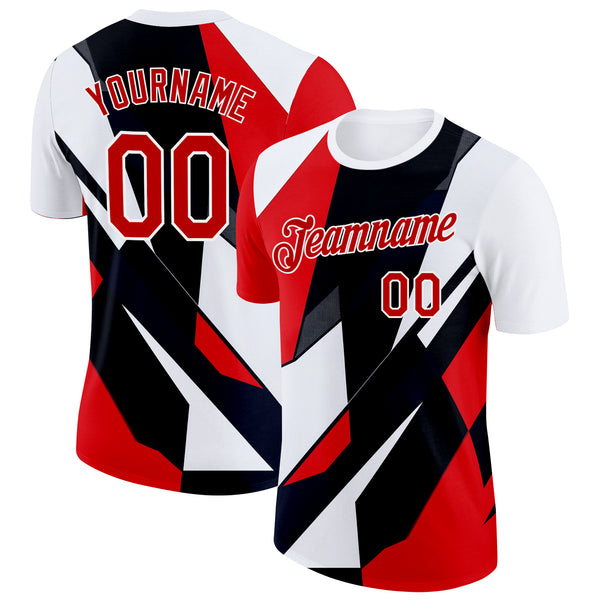 Custom White Red-Black 3D Pattern Design Geometric Shape Sport Wear Performance T-Shirt