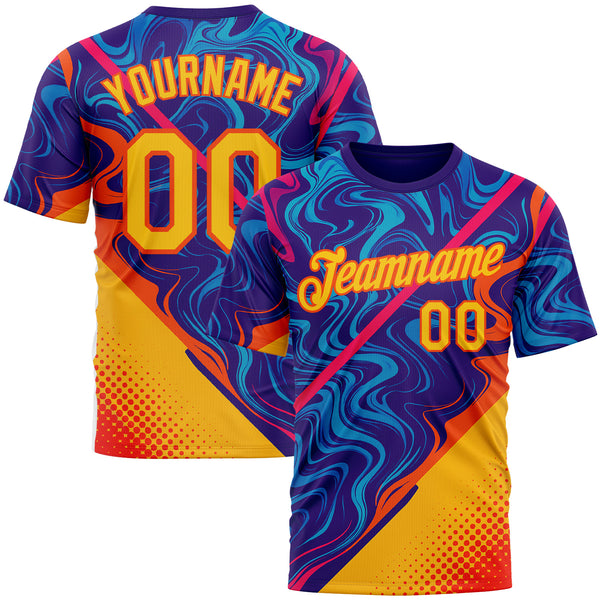Custom Dark Purple Yellow-Orange 3D Pattern Design Romania Colombia Sport Wear Performance T-Shirt