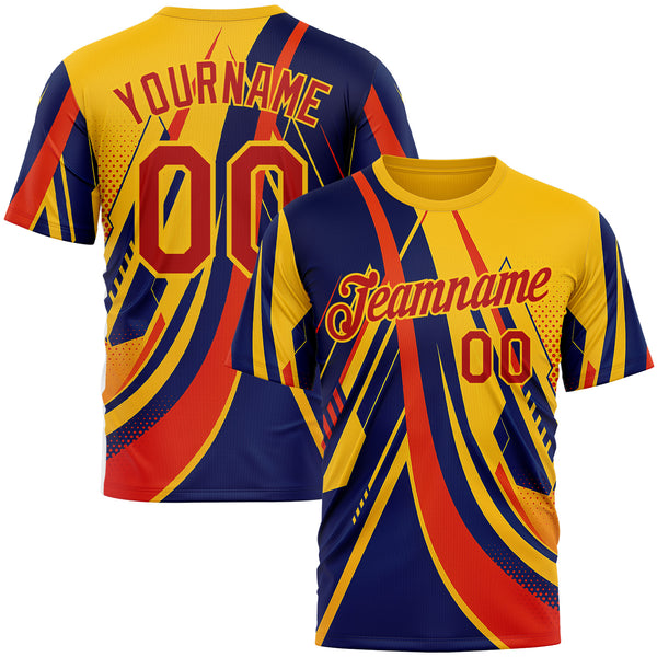 Custom Yellow Red-Blue 3D Pattern Design Romania Colombia Sport Wear Performance T-Shirt