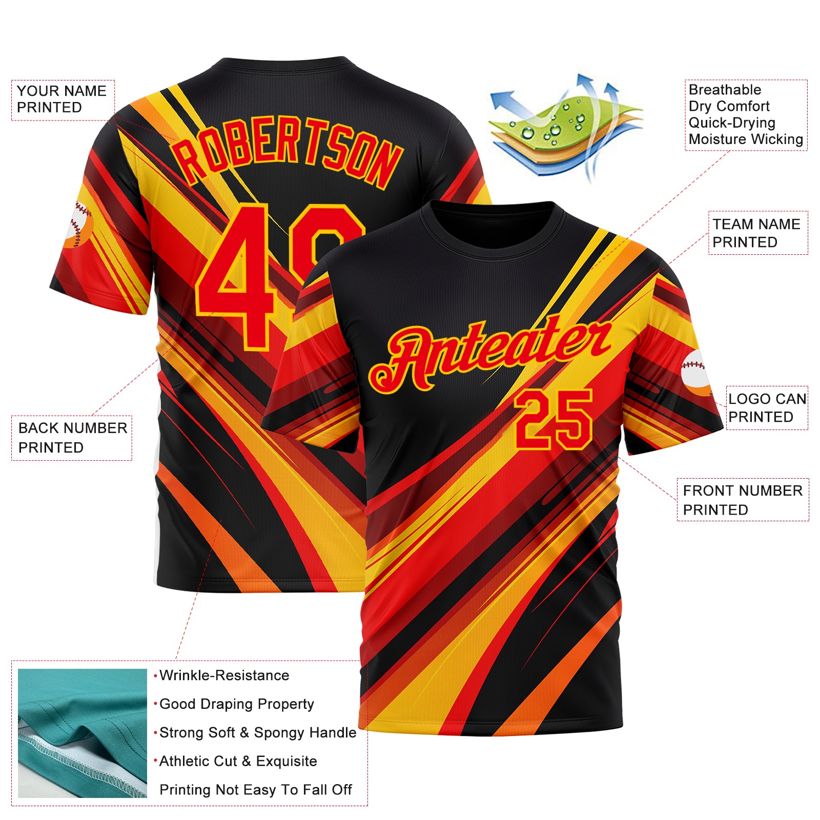 Custom Black Fire Red-Yellow 3D Pattern Design Line Sport Wear Performance T-Shirt