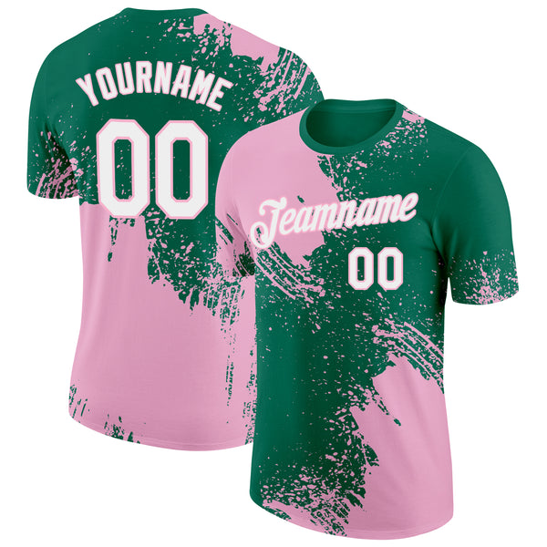 Custom Kelly Green White-Light Pink 3D Pattern Design Abstract Brush Stroke Performance T-Shirt