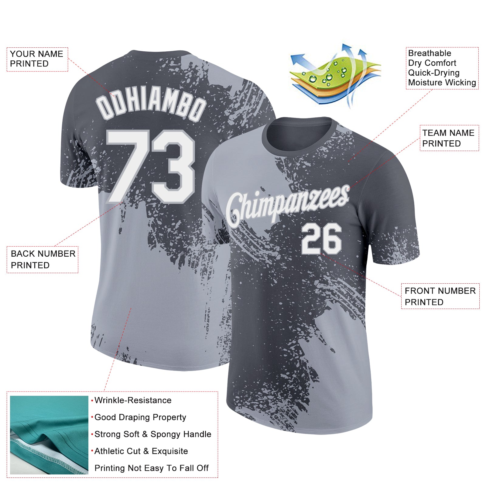 Custom Steel Gray White-Gray 3D Pattern Design Abstract Brush Stroke Performance T-Shirt
