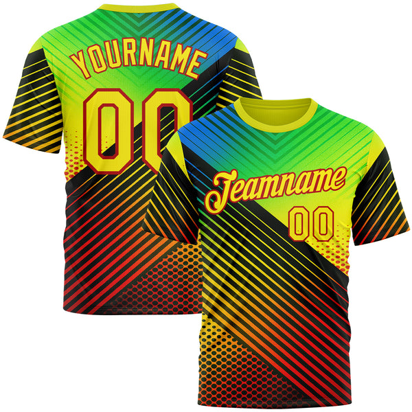 Custom Black Light Yellow Blue-Red 3D Pattern Design Neon Stripe Sport Wear Performance T-Shirt