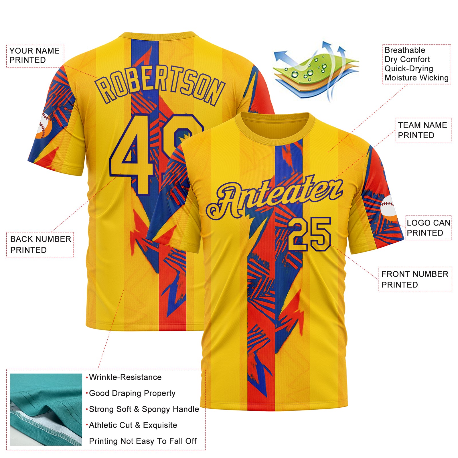 Custom Yellow Red-Dark Purple 3D Pattern Design Color Block Stripe Sport Wear Performance T-Shirt