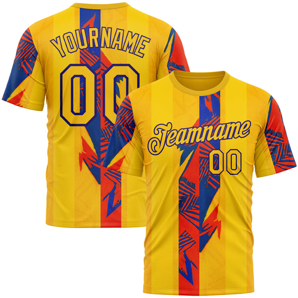 Custom Yellow Red-Dark Purple 3D Pattern Design Color Block Stripe Sport Wear Performance T-Shirt