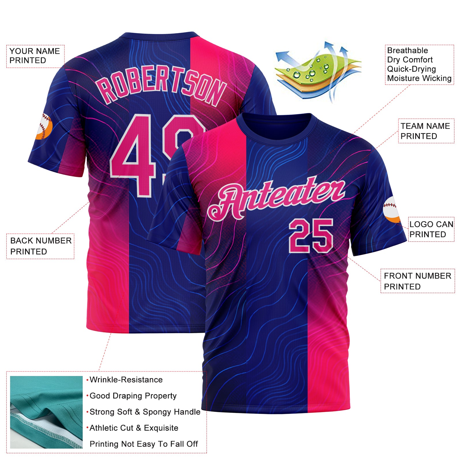 Custom Blue Hot Pink Red-White 3D Pattern Design Neon Stripe Sport Wear Performance T-Shirt