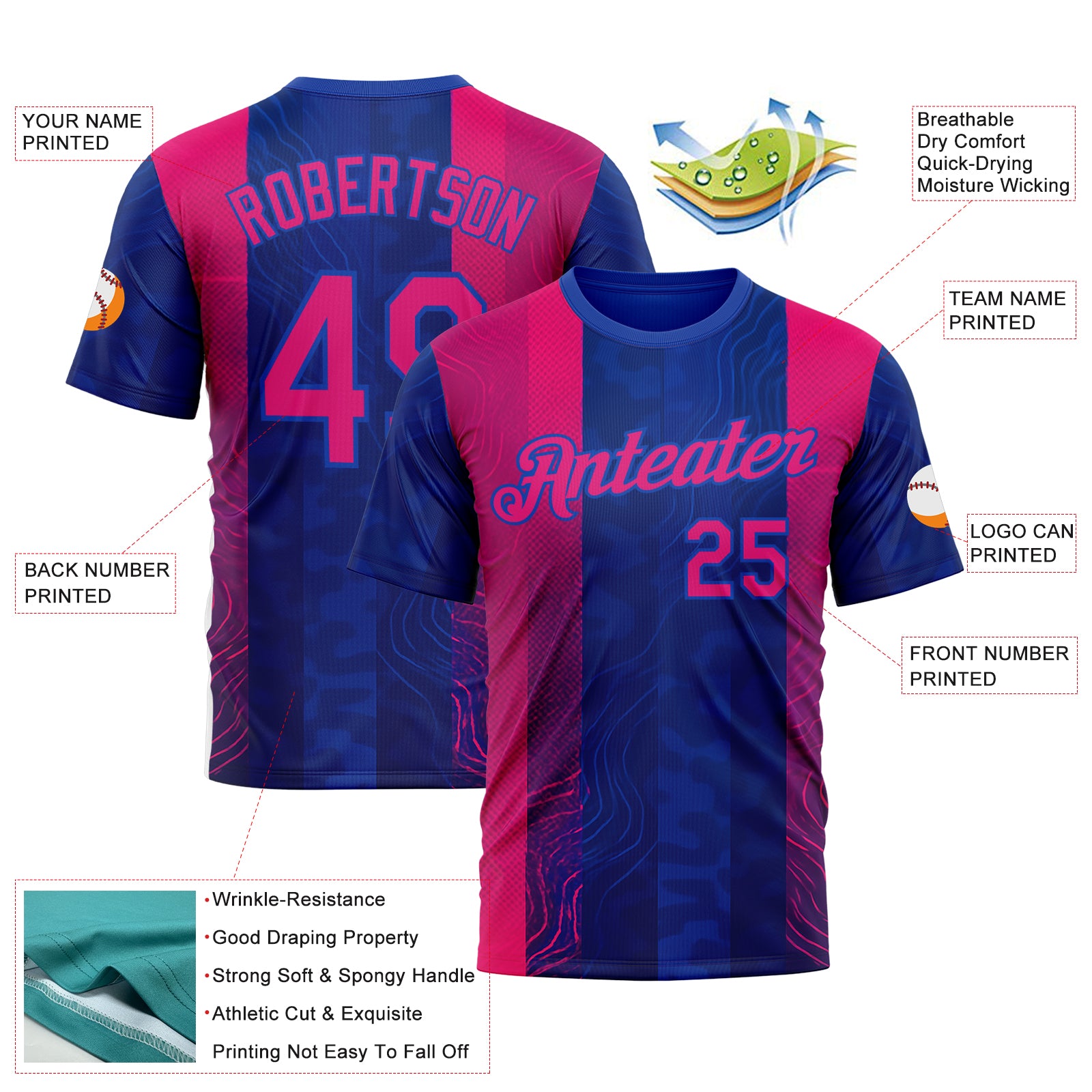 Custom Blue Hot Pink Red-Thunder Blue 3D Pattern Design Neon Stripe Sport Wear Performance T-Shirt