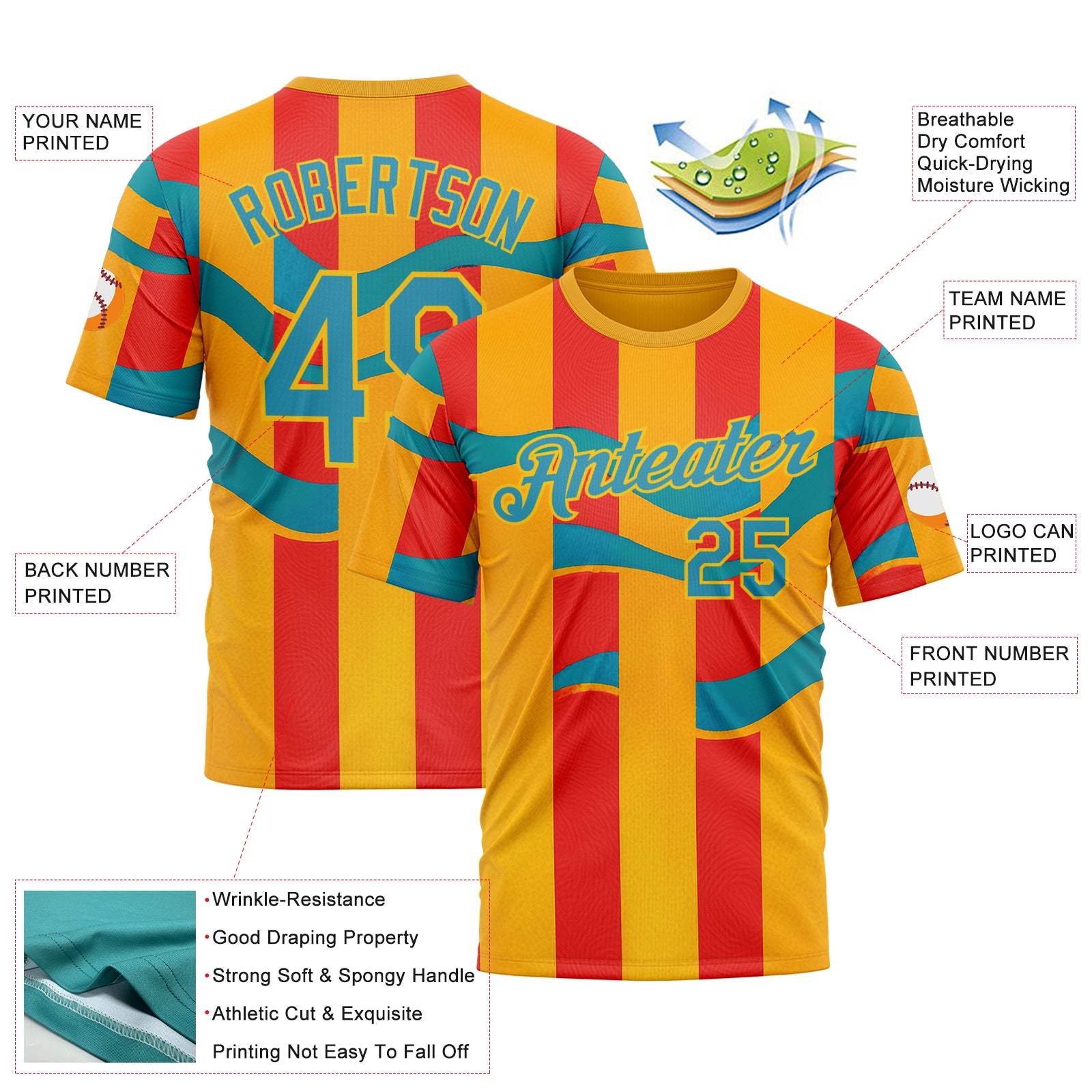 Custom Yellow Panther Blue-Red 3D Pattern Design Color Block Stripe Sport Wear Performance T-Shirt