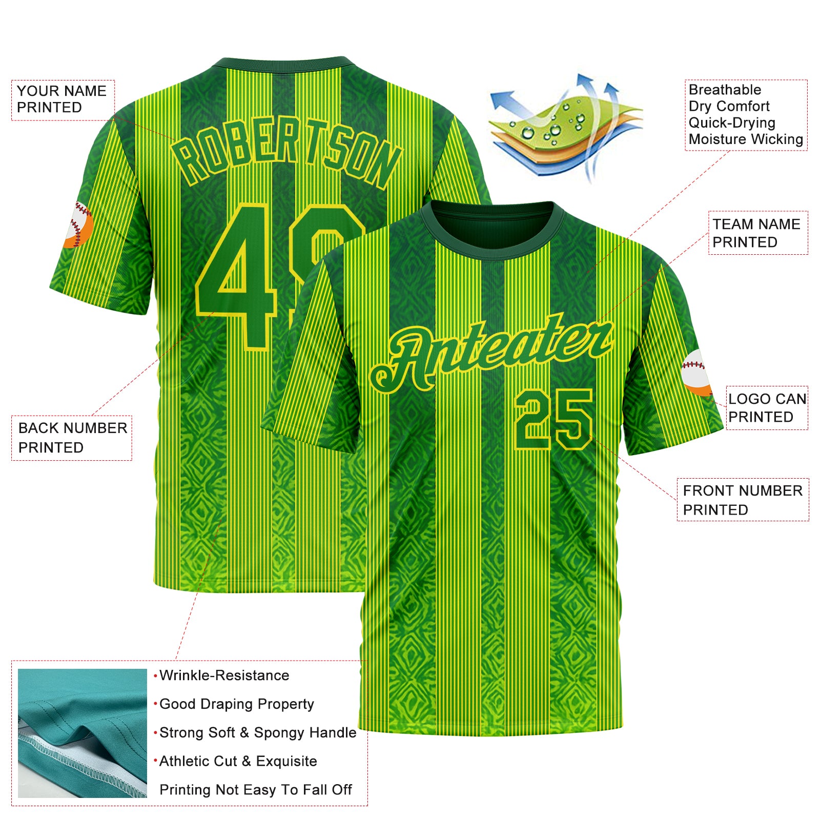 Custom Green Grass Green Yellow-Light Yellow 3D Pattern Design Brazil Stripe Sport Wear Performance T-Shirt