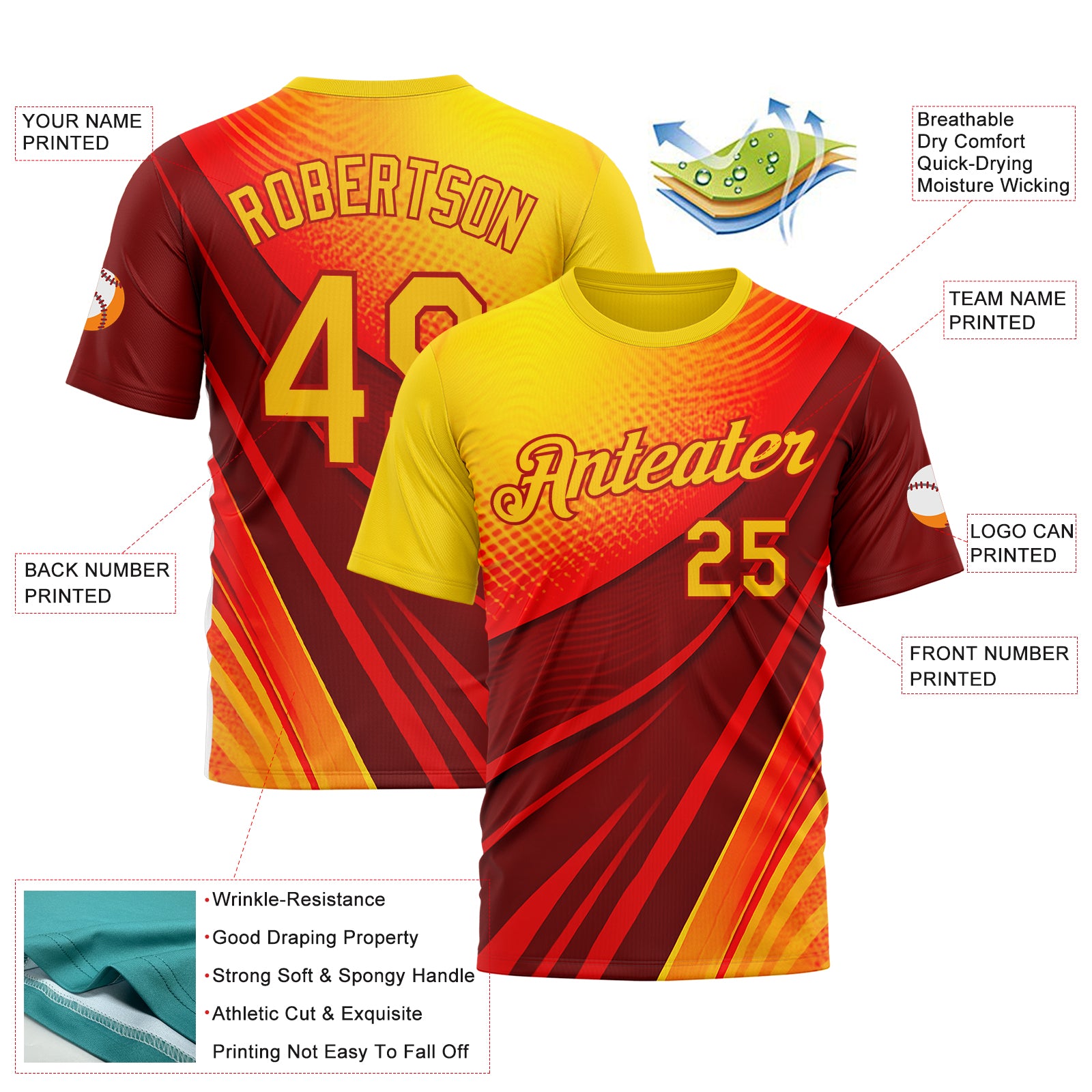 Custom Red Yellow 3D Pattern Design Spain Wave Gradient Sport Wear Performance T-Shirt
