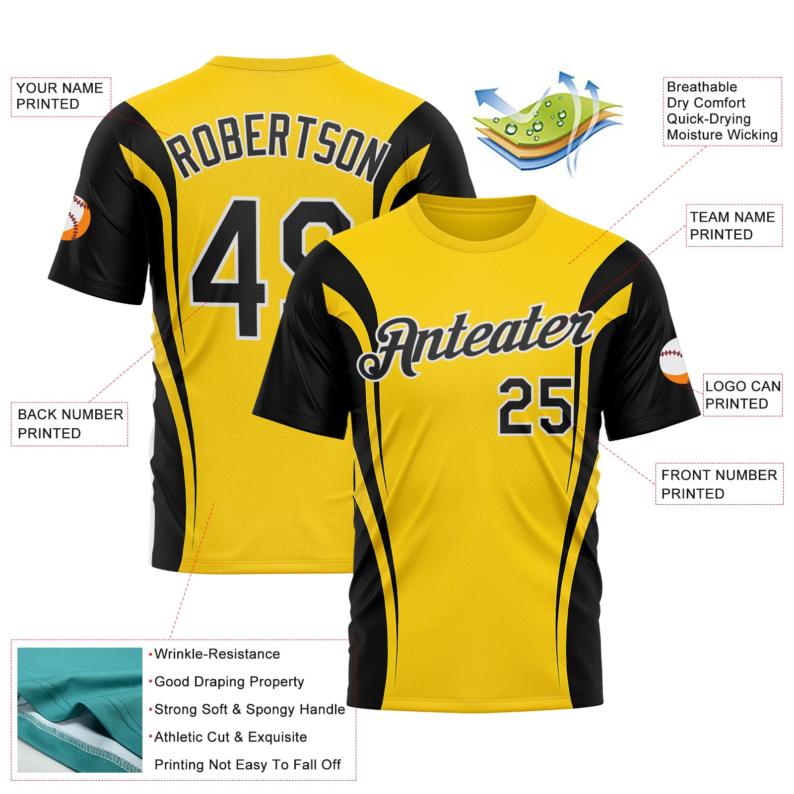 Custom Yellow Black-White 3D Pattern Design Germany Color Block Sport Wear Performance T-Shirt