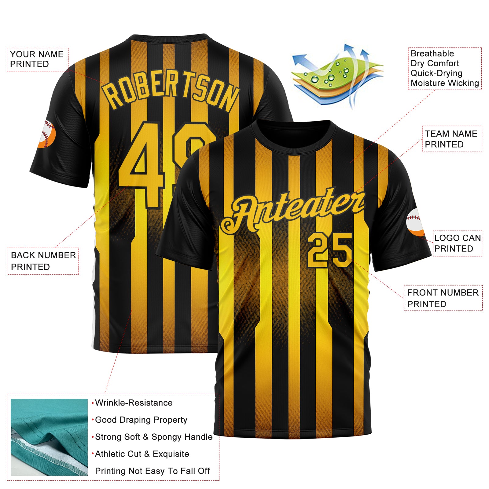 Custom Black Yellow 3D Pattern Design Germany Stripe Sport Wear Performance T-Shirt