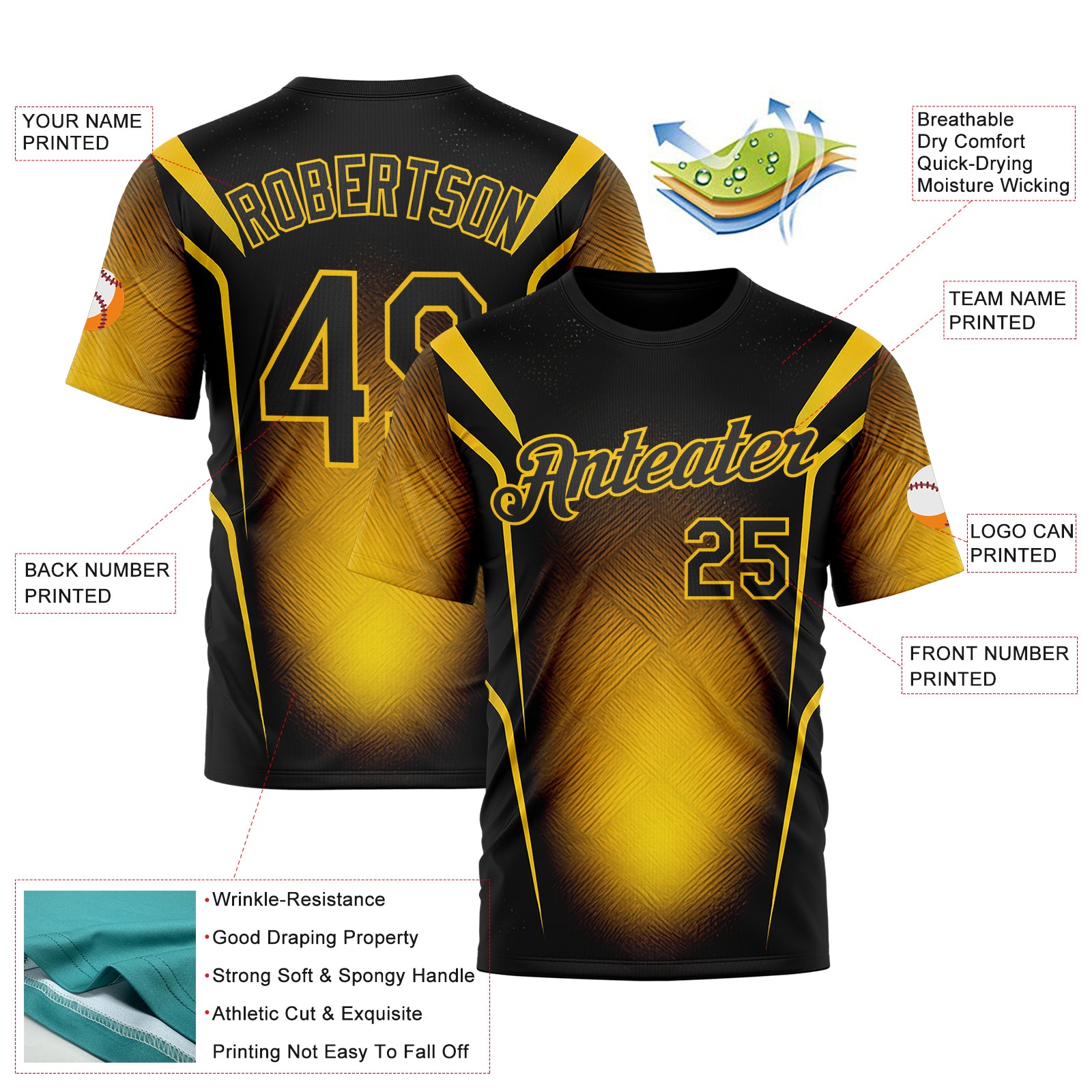 Custom Black Yellow 3D Pattern Design Germany Color Block Sport Wear Performance T-Shirt