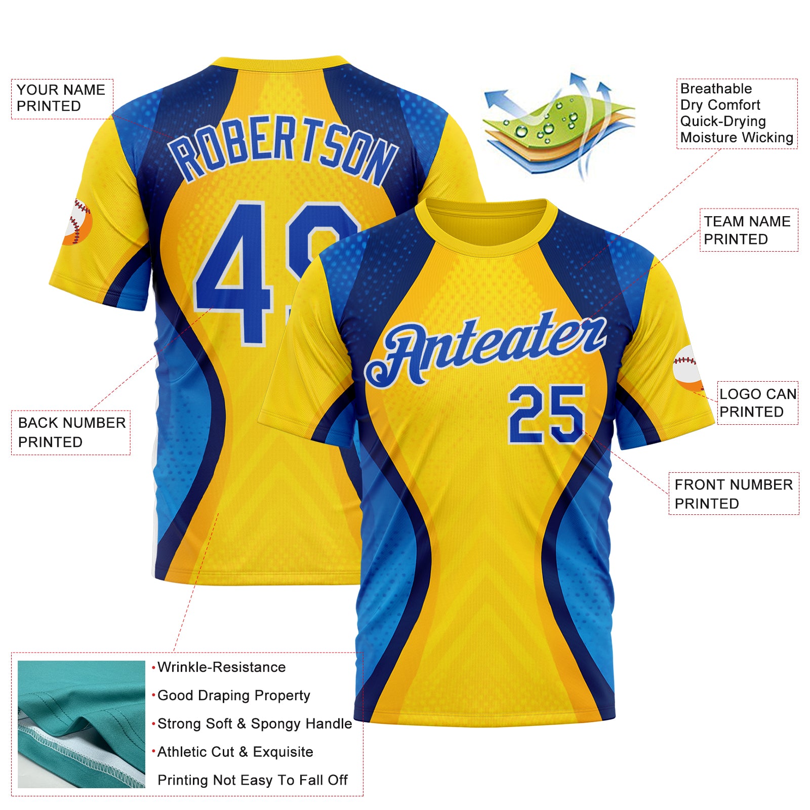 Custom Yellow Thunder Blue Blue-White 3D Pattern Design Brazil Color Block Sport Wear Performance T-Shirt