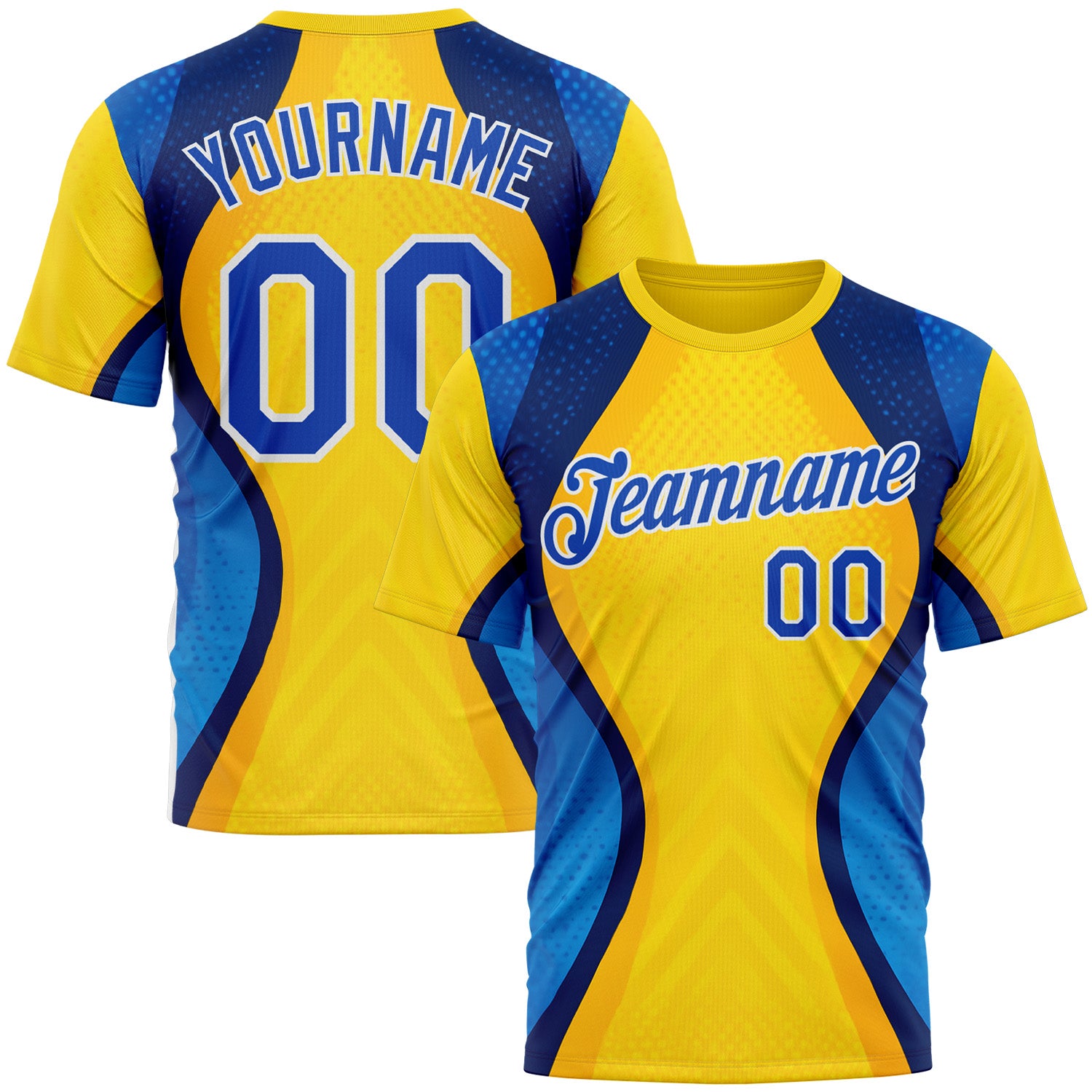 Custom Yellow Thunder Blue Blue-White 3D Pattern Design Brazil Color Block Sport Wear Performance T-Shirt