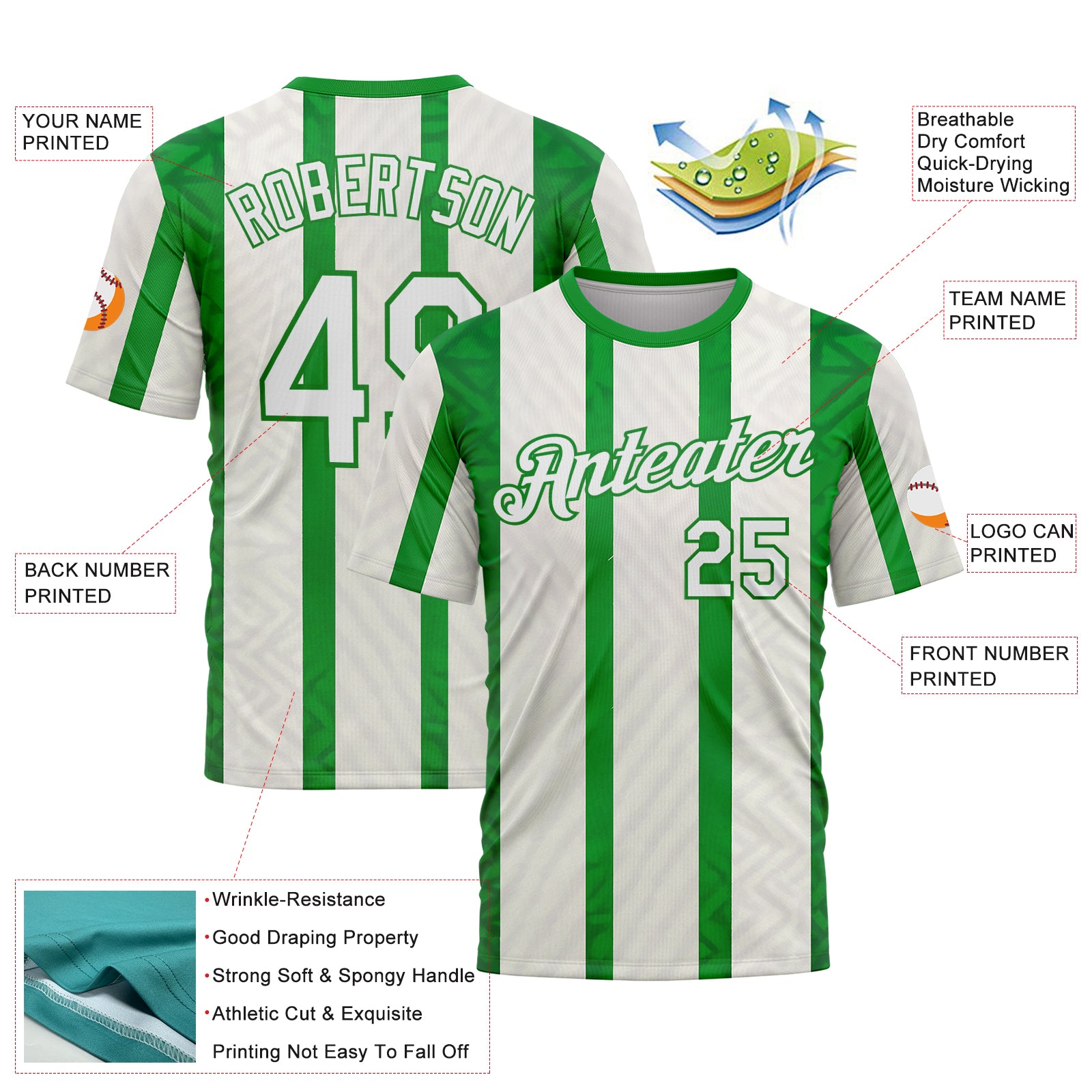 Custom White Green-Grass Green 3D Pattern Design Mexico Stripe Sport Wear Performance T-Shirt