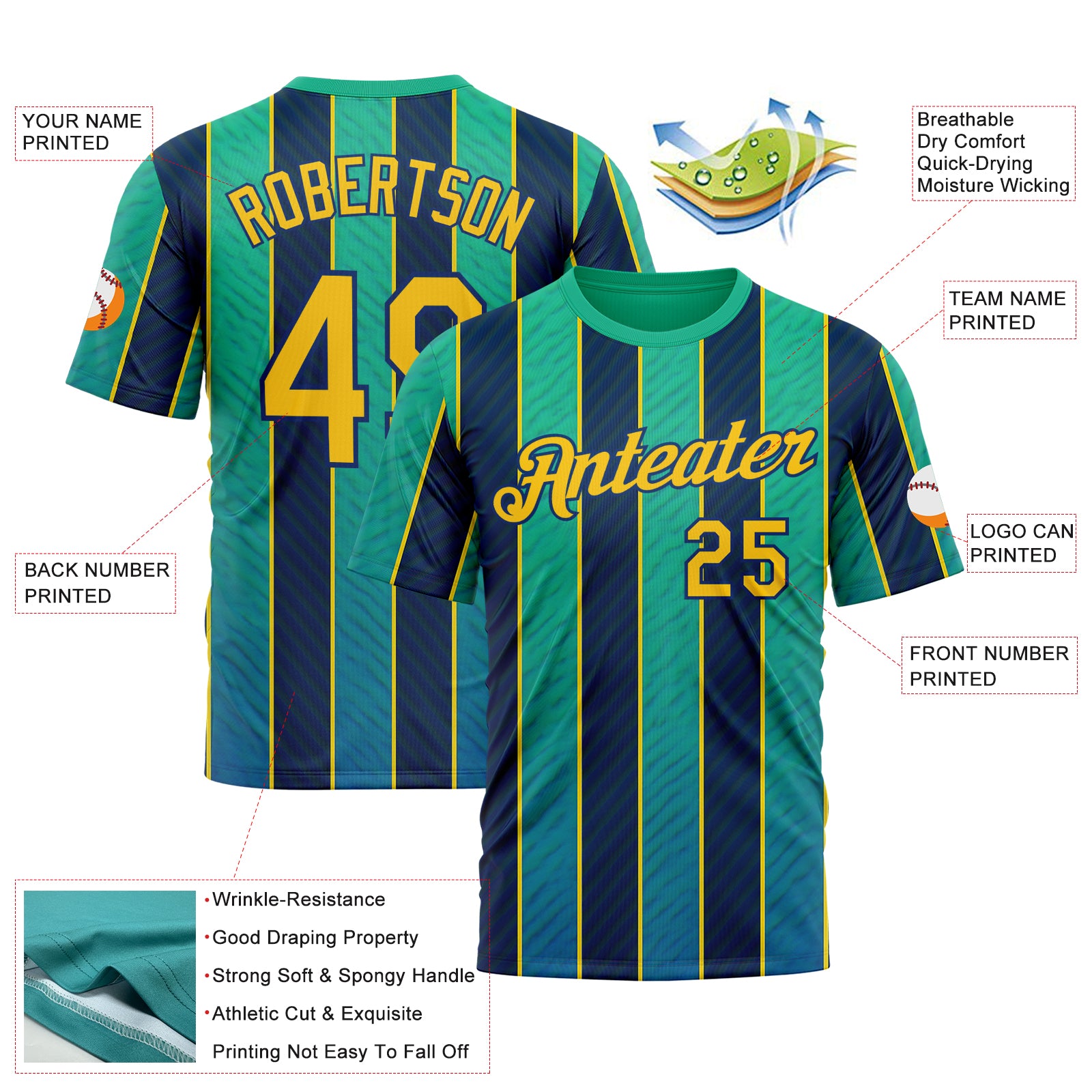Custom Green Yellow-US Navy Blue 3D Pattern Design Stripe Sport Wear Performance T-Shirt
