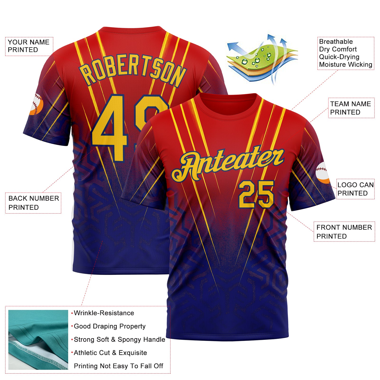 Custom Red Yellow-US Navy Blue 3D Pattern Design USA Inspired France Sport Wear Performance T-Shirt
