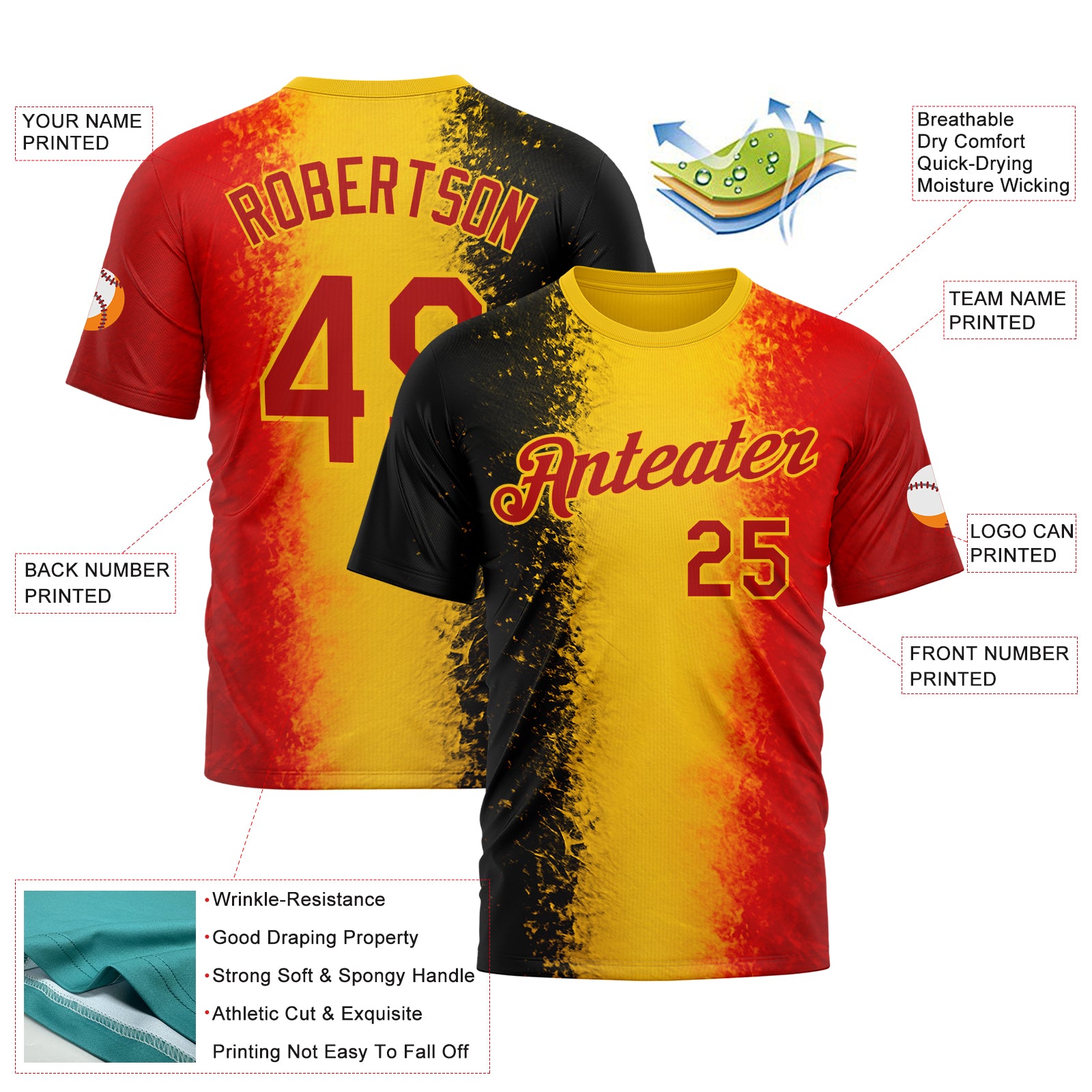 Custom Red Yellow-Black 3D Pattern Design Germany Stripe Sport Wear Performance T-Shirt