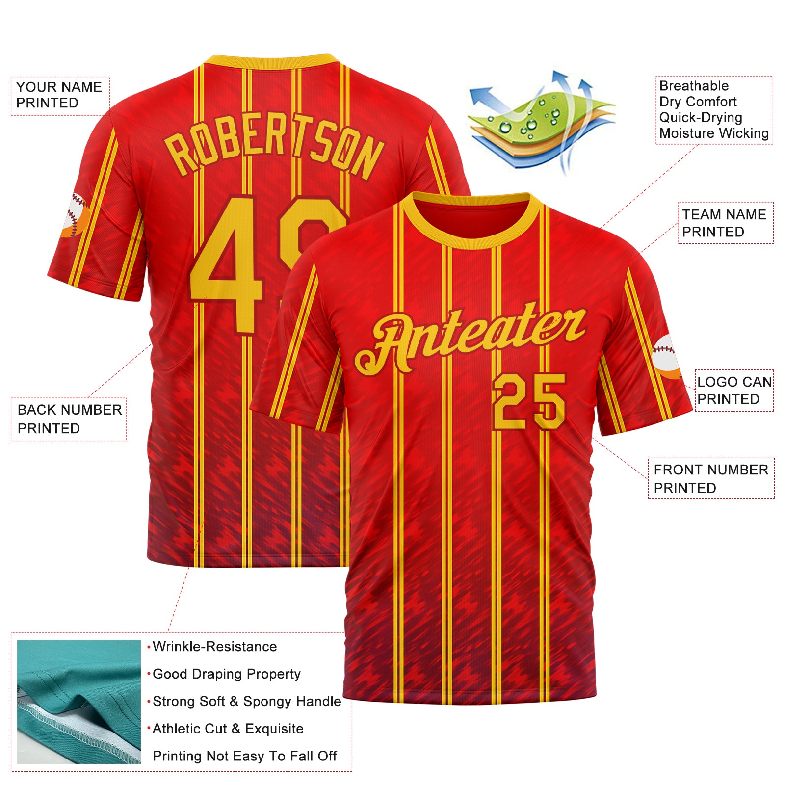 Custom Red Yellow 3D Pattern Design Spain Stripe Sport Wear Performance T-Shirt
