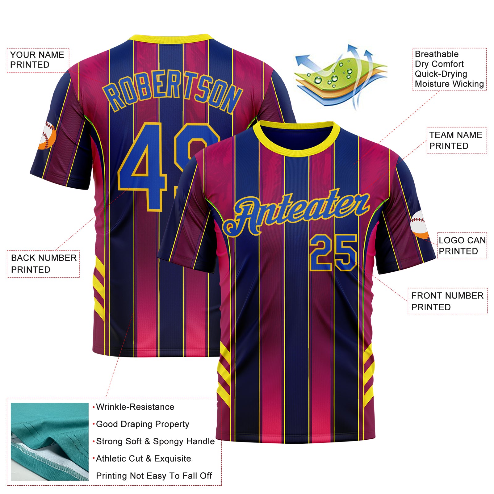 Custom Red Thunder Blue Blue-Yellow 3D Pattern Design Stripe Sport Wear Performance T-Shirt