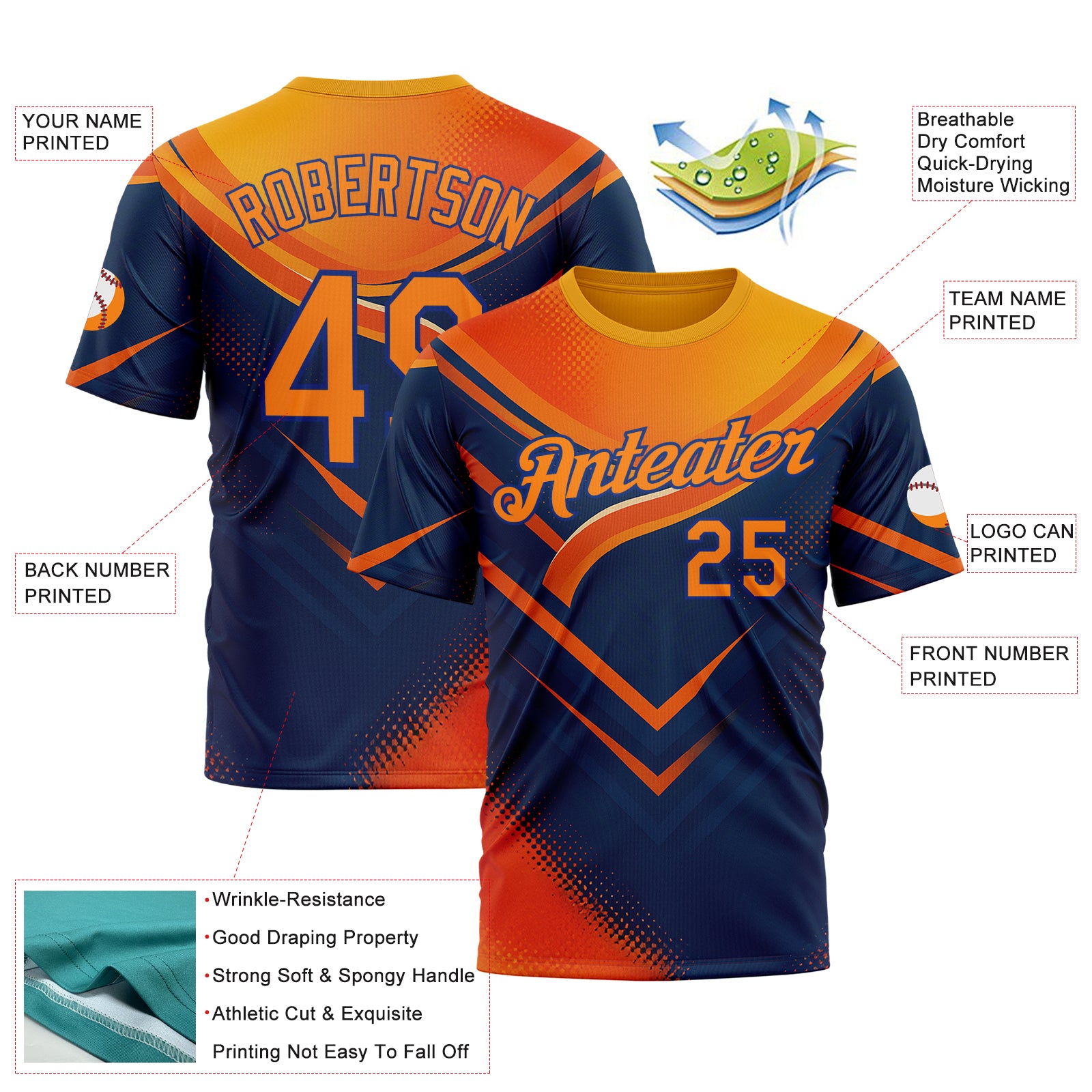 Custom Yellow Bay Orange Blue-Royal 3D Pattern Design Neon Arrow Sport Wear Performance T-Shirt